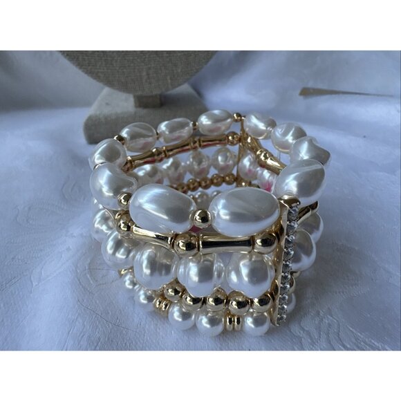 Lilly Pulitzer CZ Cuff Bracelet Gold-tone Rhinestone Faux Pearls Stretch NWT - Picture 9 of 12